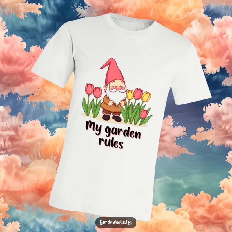 Funny delighted gnome character admiring tulips on a soft t-shirt, a fun garden humor gift.