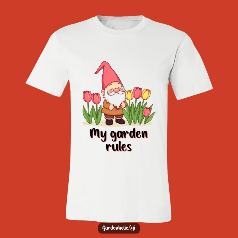 Funny Gnome Admiring Tulips T-Shirt: Whimsical Garden Style, Perfect Gift