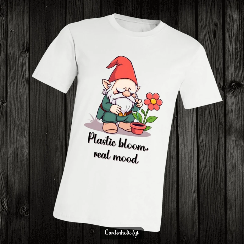 Funny t-shirt: A grumpy garden gnome with a frown, trying to water a stiff, plastic flower, showcasing gardening frustration hilariously.