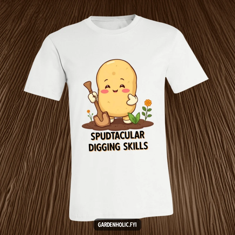Funny t-shirt: A cheerful potato in gardening gloves enthusiastically digging, radiating pure, unadulterated gardening joy.
