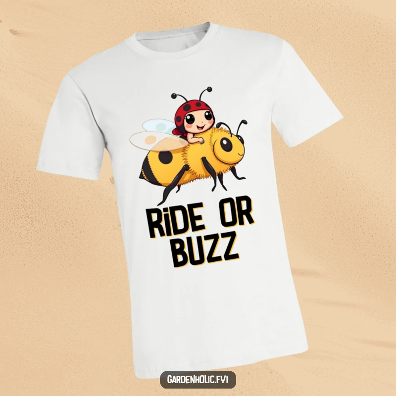 Funny cheerful ladybug character riding a big, friendly bumblebee on a soft t-shirt, a fun insect-themed gift.