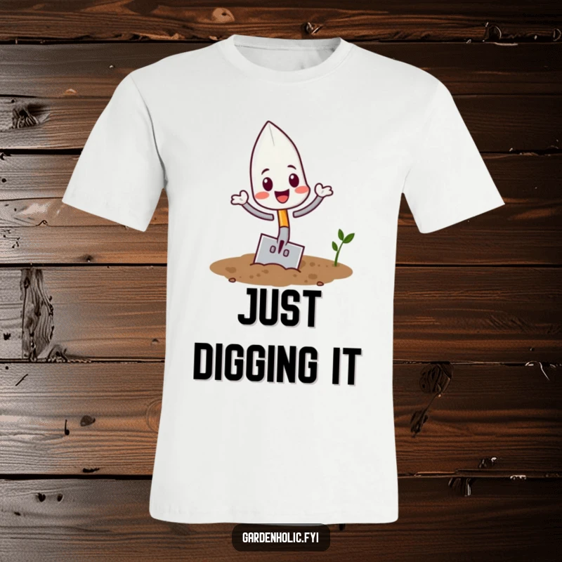 Funny playful trowel character flipping in soil on a soft t-shirt, a fun gardening humor gift.