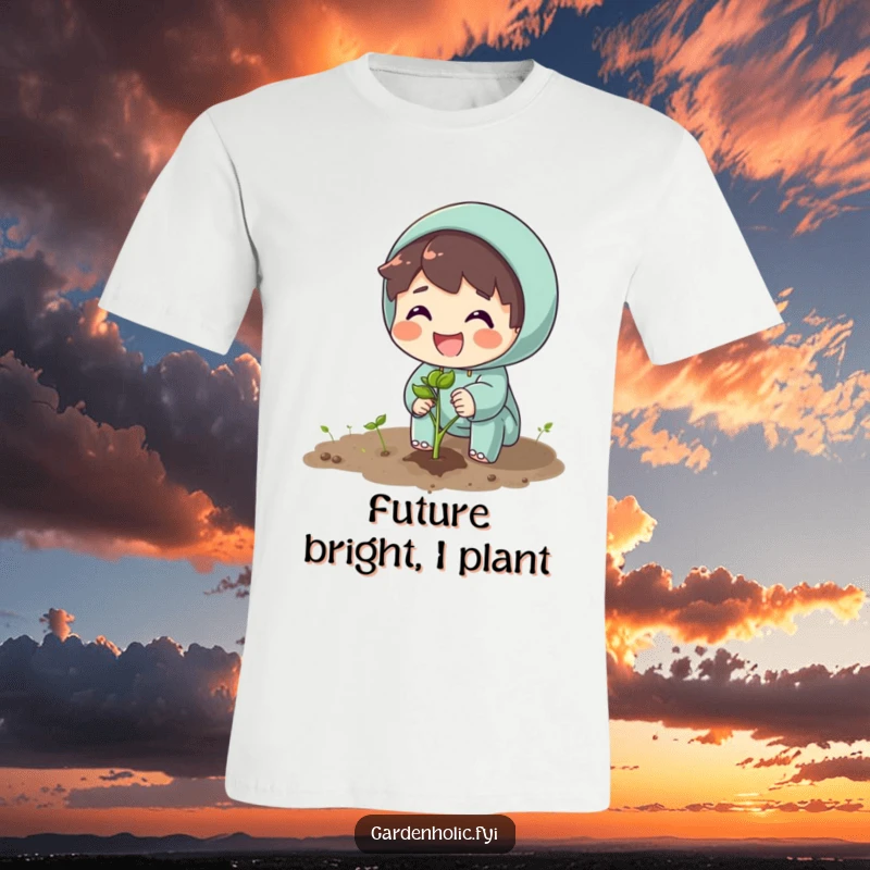 Funny t-shirt depicting a character enthusiastically planting a seed with a bright, beaming smile, celebrating growth.