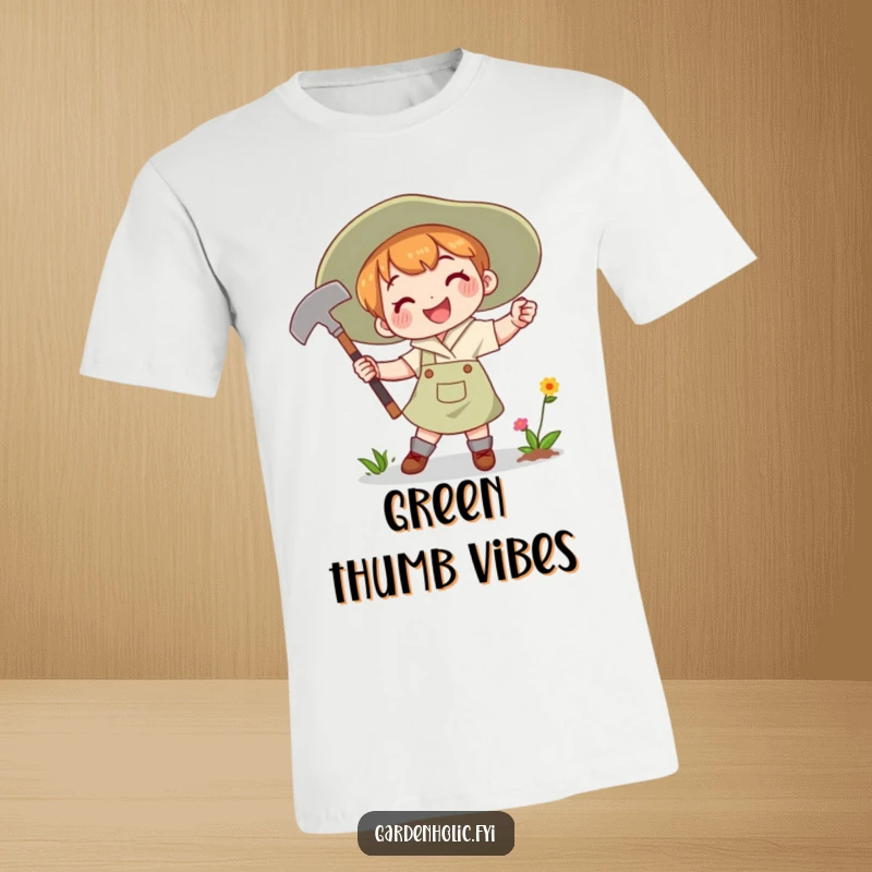 Funny T-Shirt featuring a person joyfully swinging a gardening hoe with a determined smile, embodying passionate gardening.