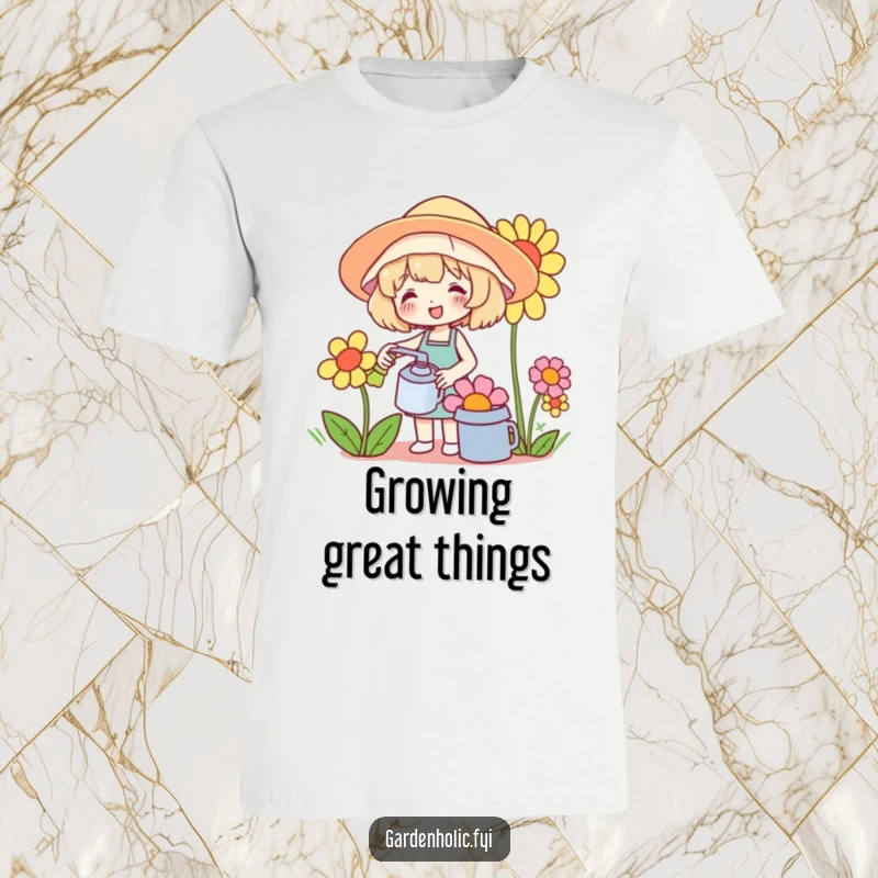 Funny t-shirt featuring a cute character in a sunhat joyfully watering a comically large flower, radiating garden happiness.