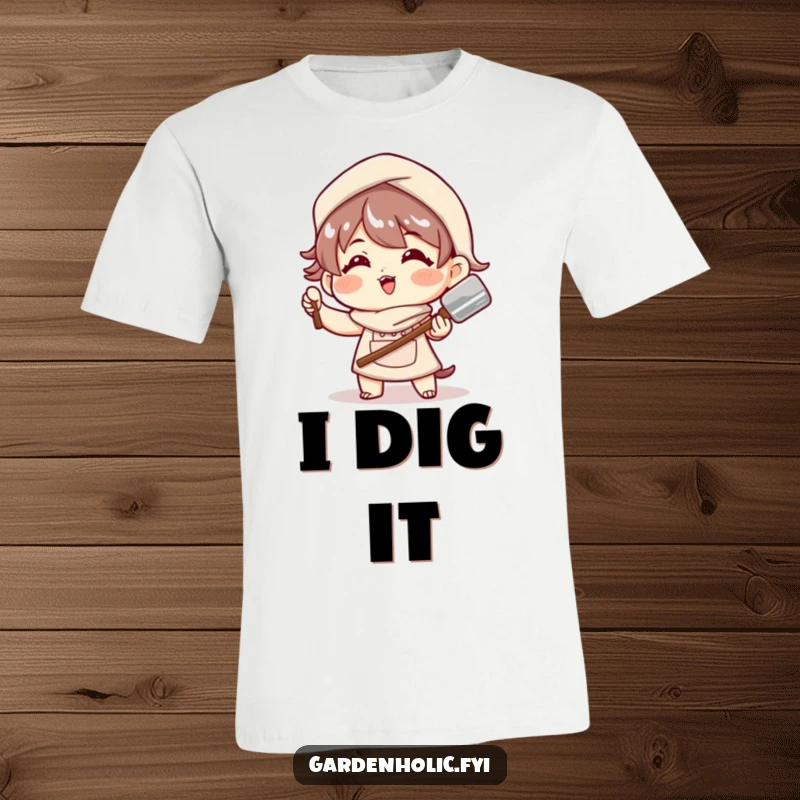 Funny T-Shirt: A character strikes a dynamic, playful pose holding a shiny trowel, ready for garden adventures.