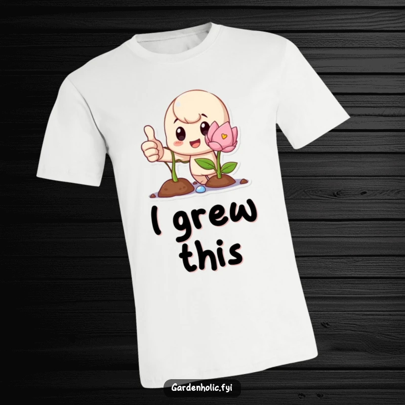 Funny T-Shirt showing a proud character with a thumbs up next to a vibrant, blooming sprout, symbolizing success.