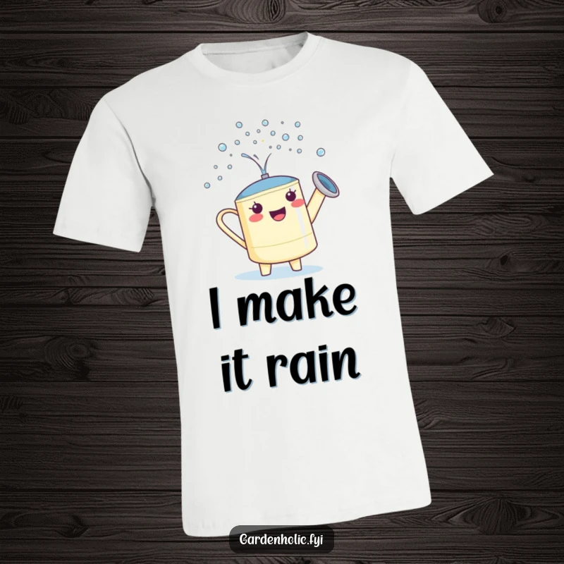 Funny Watering Can T-Shirt: A proud character showering tiny sparkling droplets, ideal for gardeners.