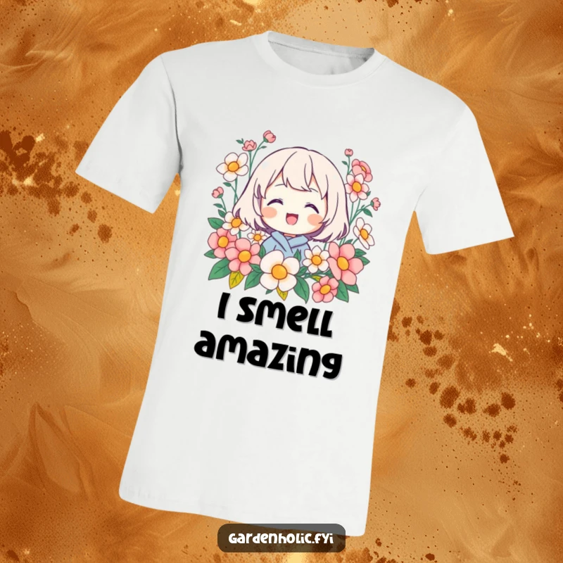 Funny t-shirt featuring a character beaming with happiness amidst a profusion of colorful blooming flowers, a celebration of joy.