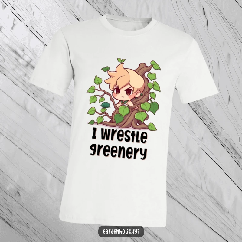 Funny T-Shirt: A brave character humorously battles a giant, untamed vine, showcasing a funny determination. Great for gift-givers.