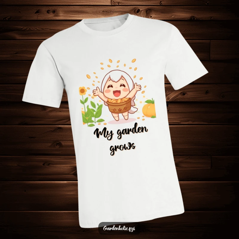 Funny t-shirt featuring a joyful character celebrating a successful harvest by showering seeds.