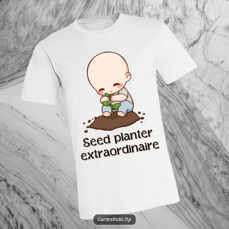 Funny T-Shirt: Tiny being meticulously planting a seed with great care, symbolizing patience and new beginnings, an ideal funny gift.