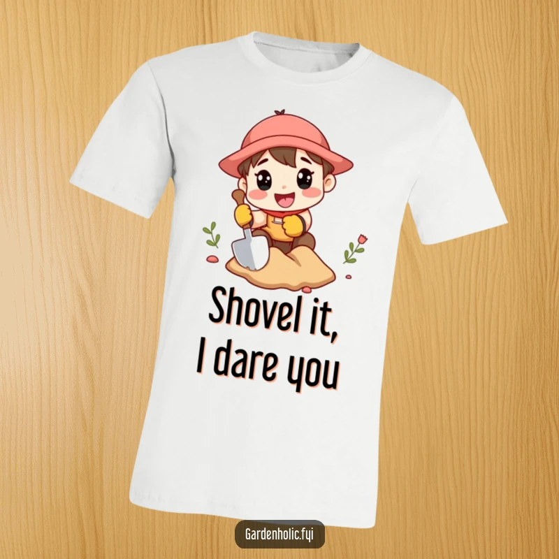 Funny t-shirt depicting a character in gardening gloves, enthusiastically digging a hole with a miniature shovel, ready for planting.
