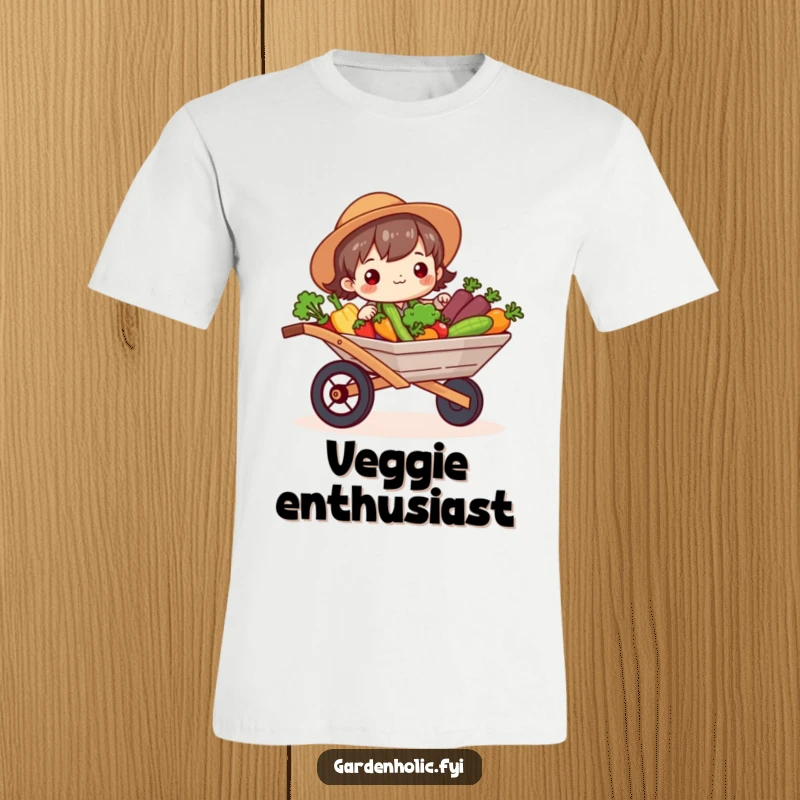 Funny T-Shirt: Cute character beaming, holding a wheelbarrow full of bright vegetables, a funny gift for gardeners.