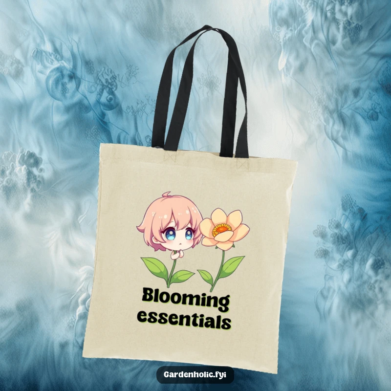 Funny Tote Bag with a character's sparkling eyes, admiring a perfectly bloomed, vibrant flower.