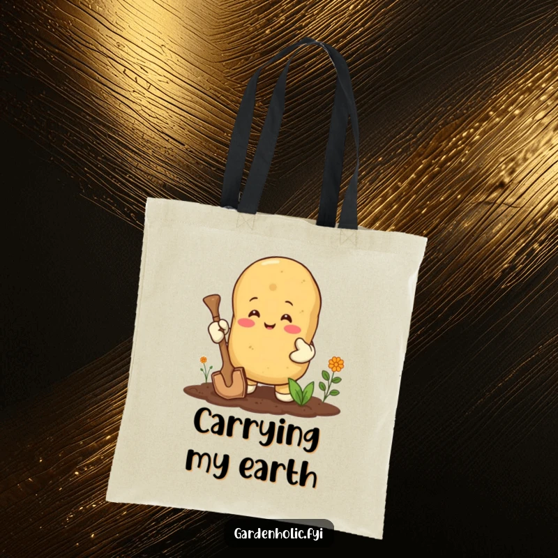 Funny tote bag: A happy potato in gardening gloves digging with gusto, a cheerful and practical accessory.