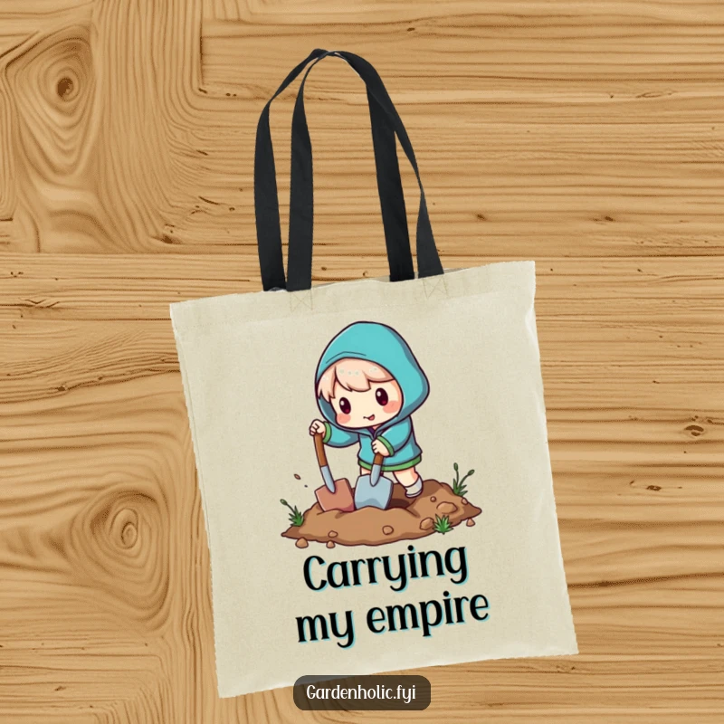 Funny tote bag with a character energetically digging a hole using a miniature shovel, ideal for humor lovers.