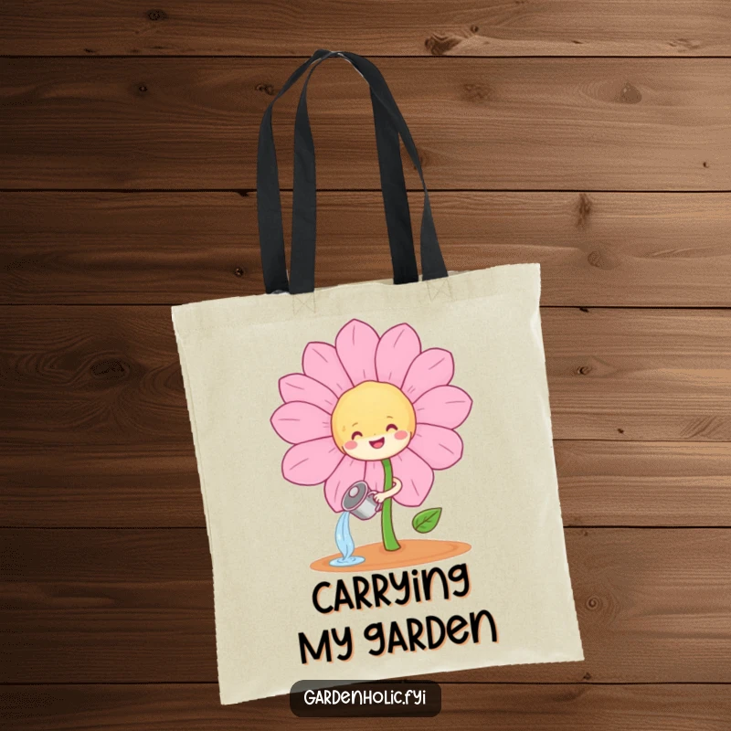 Funny little sprout character watering a big, smiling flower on a durable tote bag, a funny eco-friendly gift.