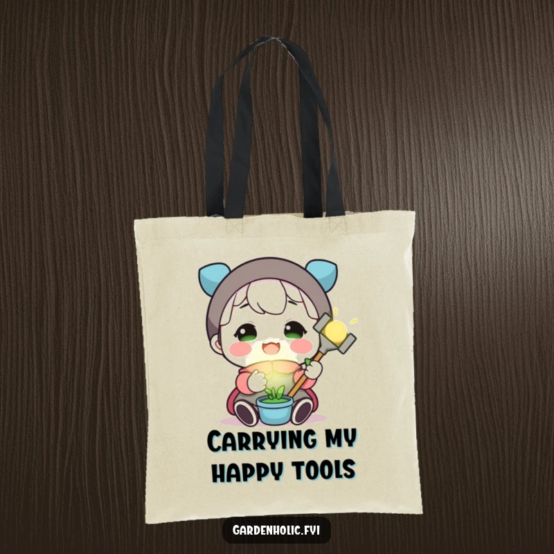 Funny tote bag with a cheerful character holding a small, luminous gardening tool, symbolizing gardening joy and practicality.