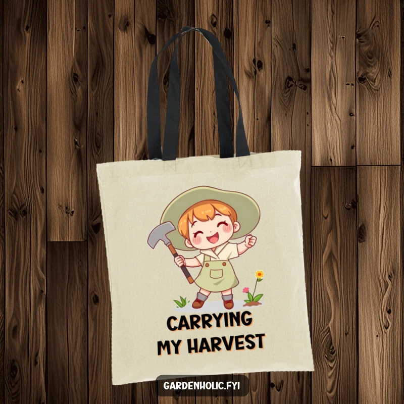Funny Tote Bag showing a character joyfully swinging a gardening hoe with a determined smile, embodying gardening enthusiasm.
