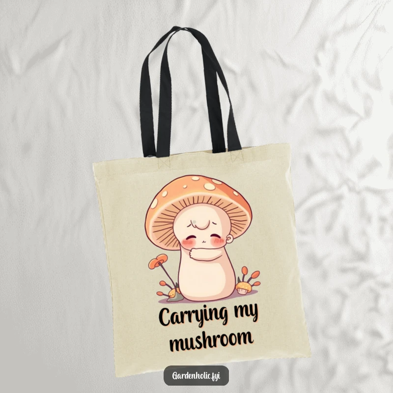 Funny Tote Bag: Character with rosy cheeks hugging a giant, soft mushroom, ideal for stylish, humorous, and cozy everyday carrying.