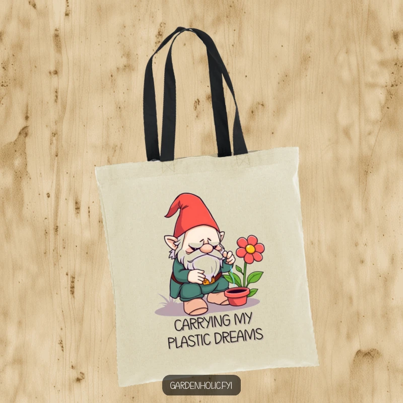 Funny tote bag: Scene of a grumpy garden gnome attempting to water a lifeless plastic flower, a humorous take on gardening woes.