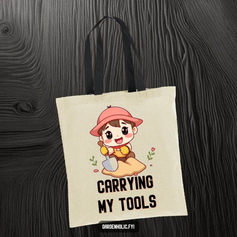 Funny tote bag illustrating a character in gardening gloves, excitedly digging a hole with a miniature shovel, perfect for garden tasks.