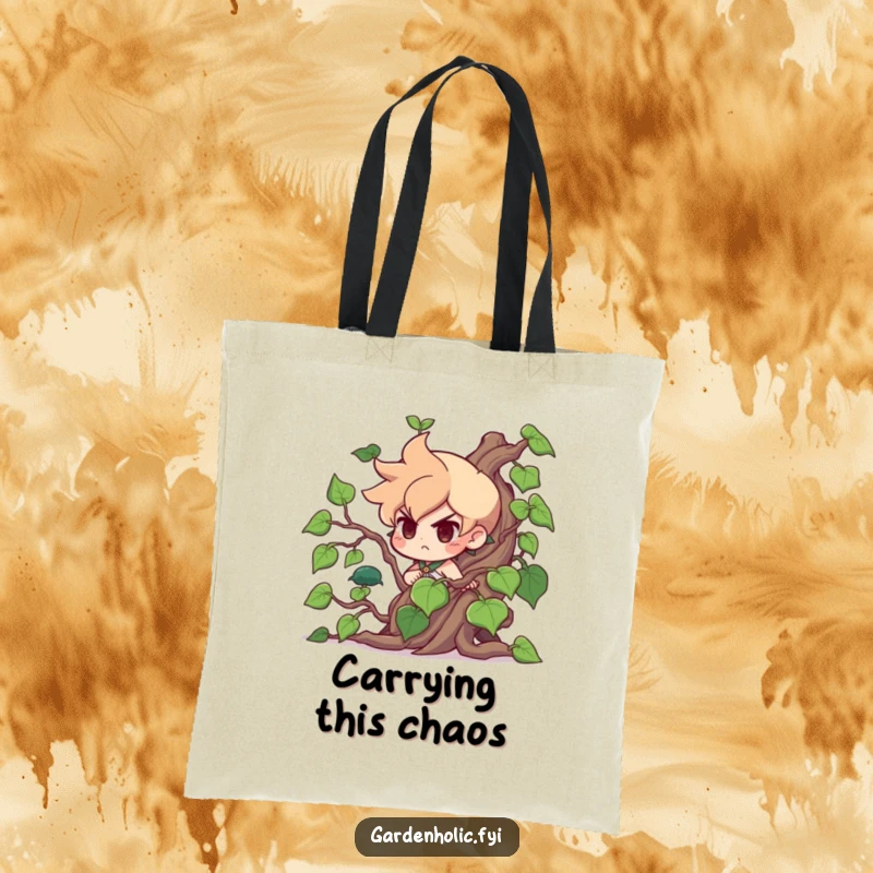 Funny Tote Bag: A determined character comically attempts to tame an oversized, wild vine, showcasing a funny, relatable struggle.