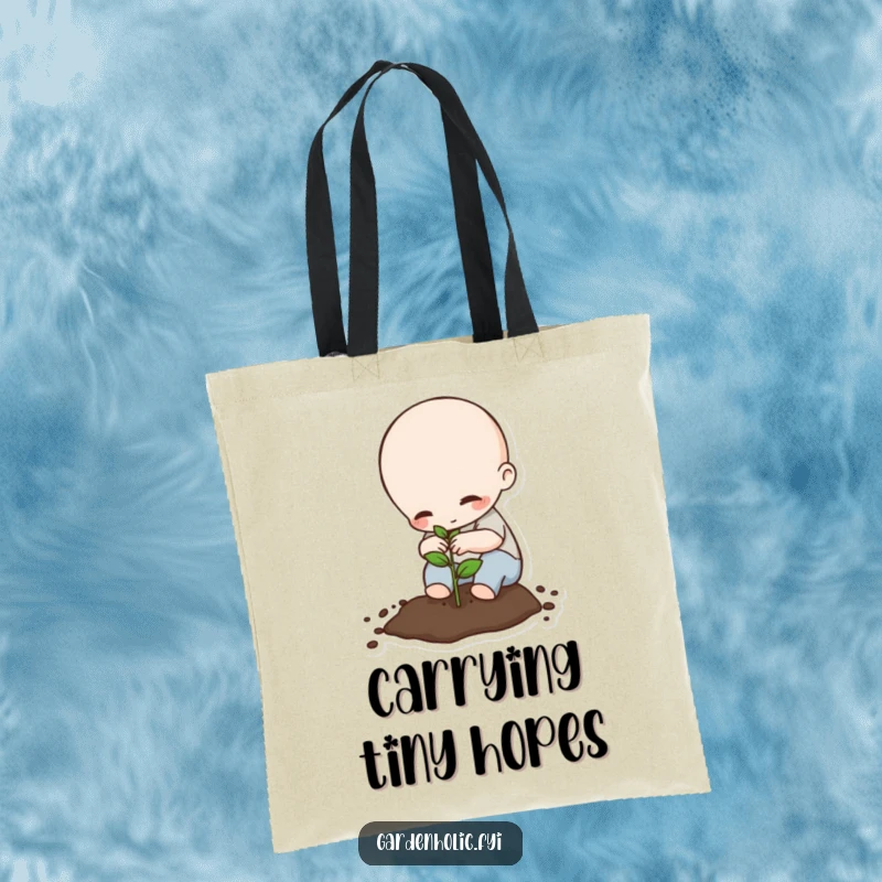 Funny Tote Bag: Tiny being carefully planting a seed, a practical and humorous accessory for gardeners, making a great funny gift.