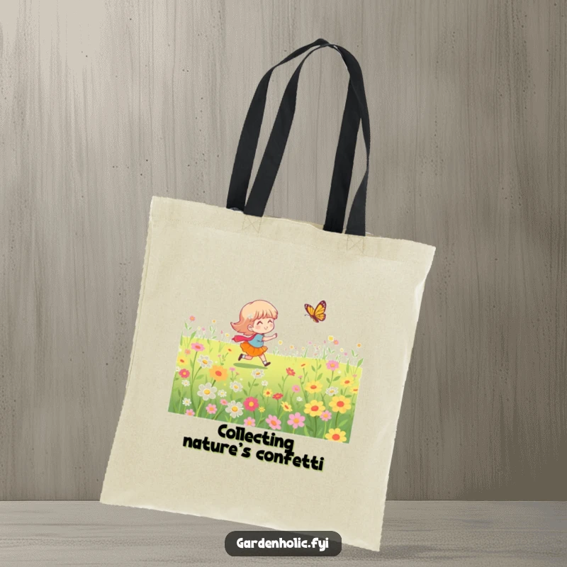 Funny tote bag with a character in a flower field chasing a butterfly, highlighting a sense of playful adventure.