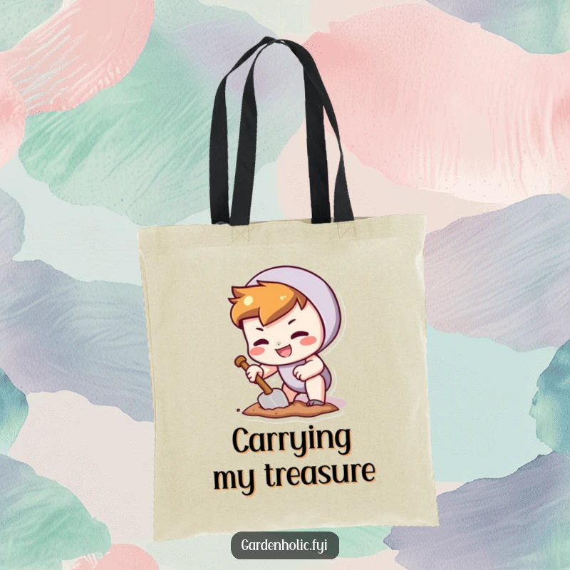 Funny tote bag with a character grinning determinedly while digging a tiny hole with a trowel.