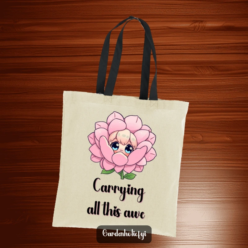 Funny tote bag depicting a character with wide eyes admiring a huge, blooming flower, ideal for carrying daily necessities with flair.