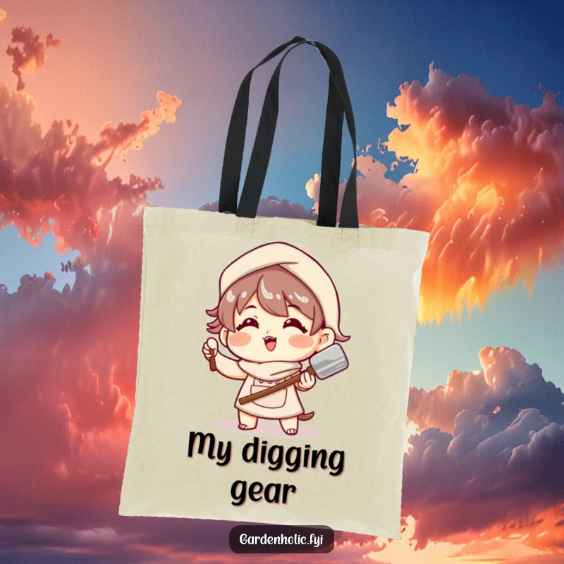 Funny Tote Bag: A character strikes a confident, playful pose with a shiny trowel, ready for garden tasks.