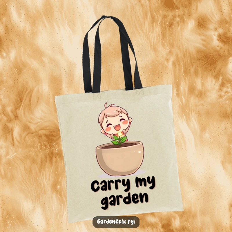 Funny tote bag showcasing a cute character joyfully planting a tiny, sparkling seed into a large pot, perfect for carrying gardening supplies.