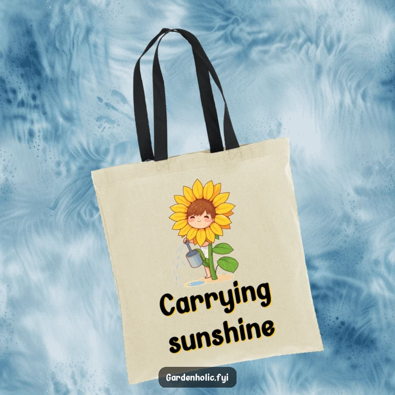 Funny tote bag with a small, joyful character watering a giant sunflower, celebrating nature's beauty.