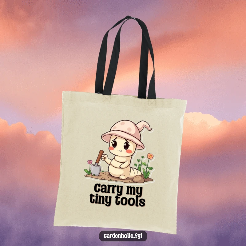 Funny tote bag showing a confused worm wearing a tiny gardening hat and holding a trowel, perfect for garden lovers.