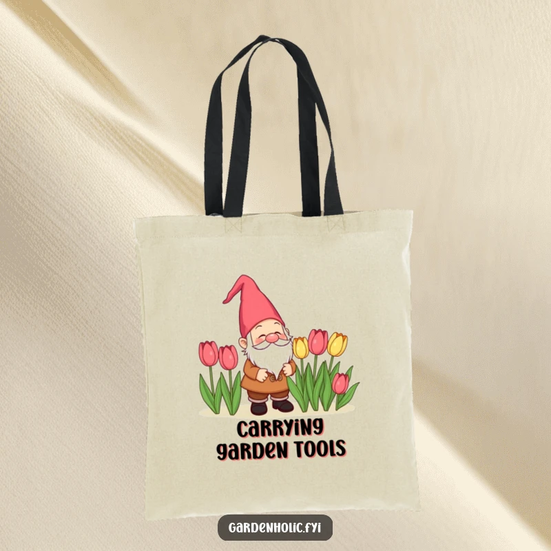 Funny delighted gnome character admiring tulips on a durable tote bag, a charming and funny garden gift.