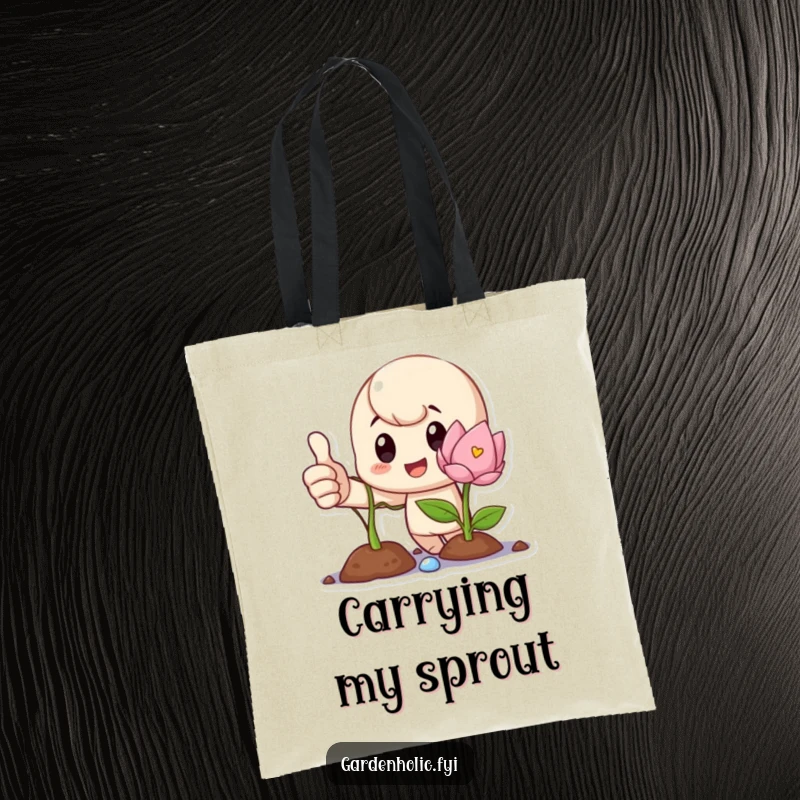 Funny Tote Bag with a proud character giving a thumbs up next to a blooming sprout, symbolizing progress and new beginnings.