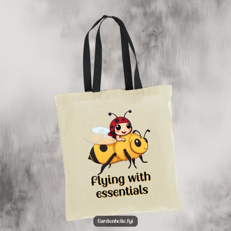 Funny cheerful ladybug riding a large bumblebee on a durable tote bag, a cute and funny gift.