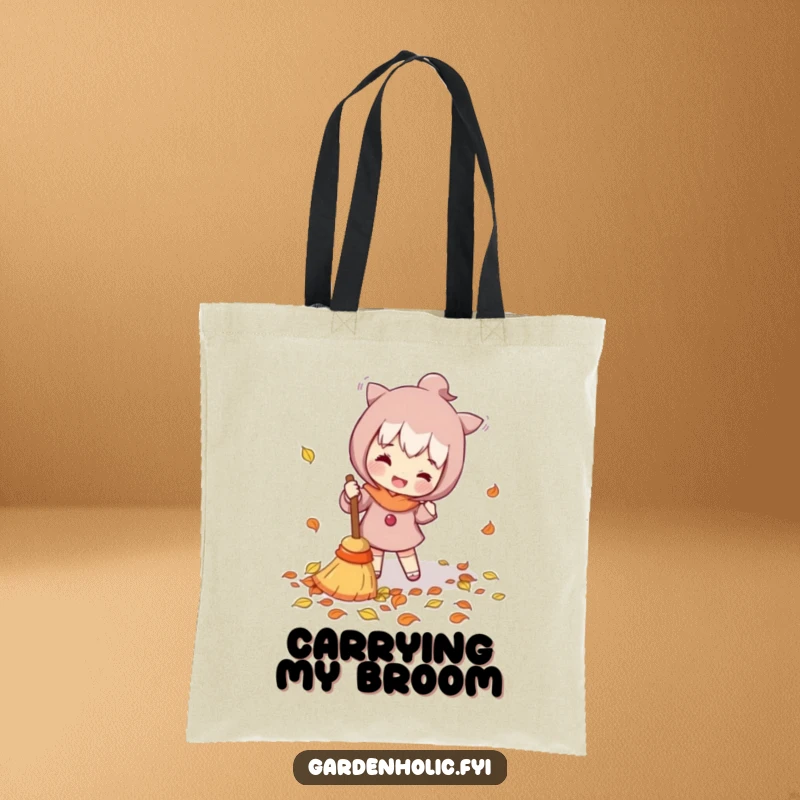 Funny Tote Bag: Character enthusiastically sweeping fallen leaves with a tiny broom, ideal for stylish, humorous, and practical everyday carrying.