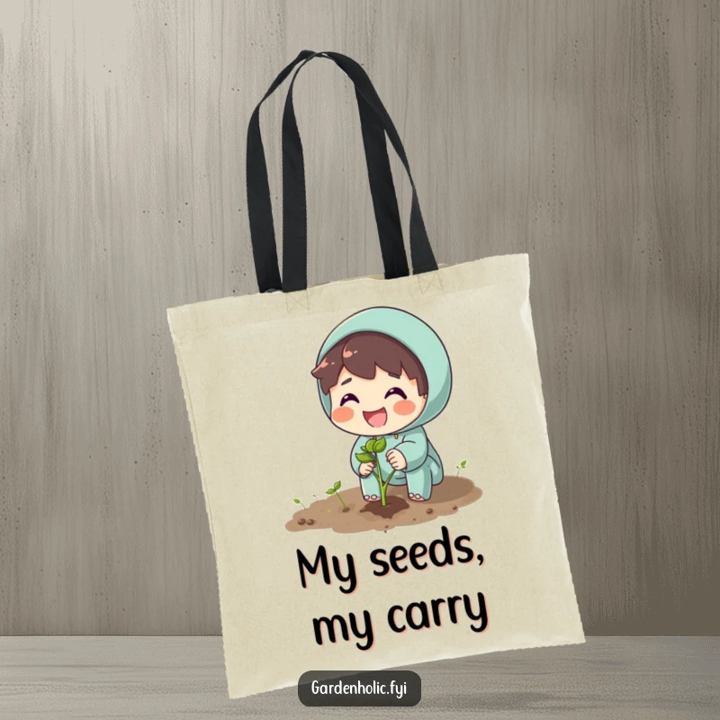 Funny tote bag illustration of an excited character planting a seed with a beaming smile, great for gardeners.