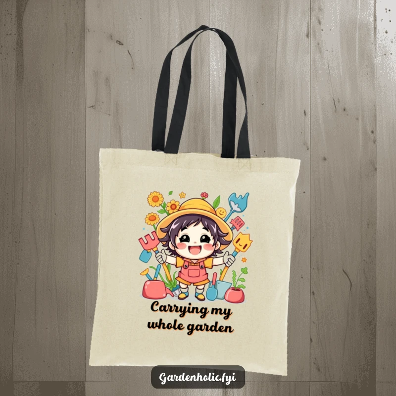 Funny tote bag showcasing a beaming, energetic character with a collection of colorful gardening tools, ideal for a market trip.