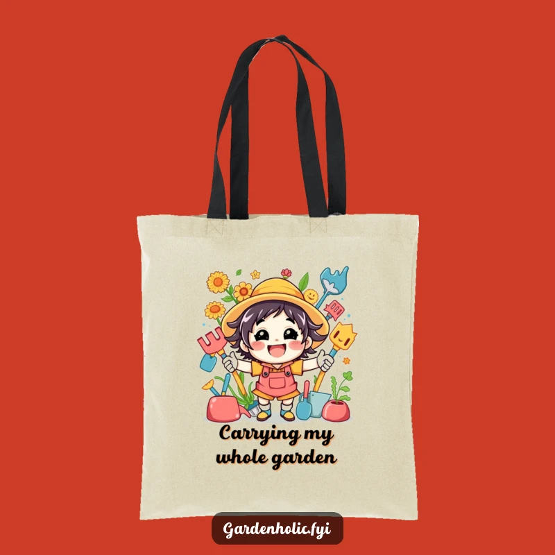 Funny Tote Bag: Energetic Gardener Character with Tools, Perfect Humorous Shopping Gift