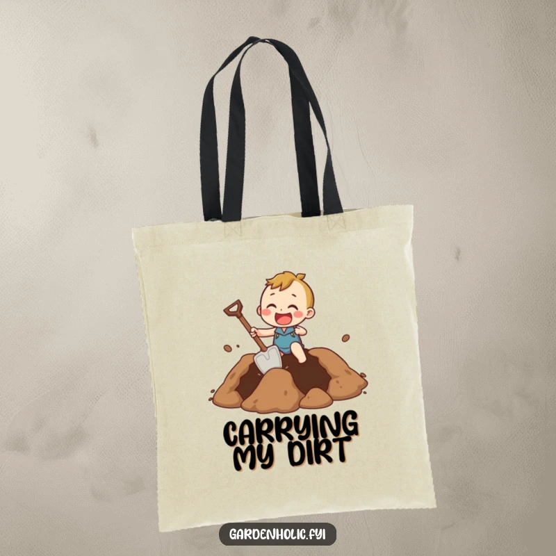 Funny Tote Bag showing a character enthusiastically digging a large hole with a very small shovel, embodying humor and effort.