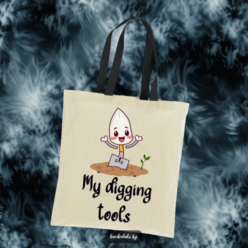 Funny playful trowel character flipping in soil on a durable tote bag, a fun and funny gardening gift.