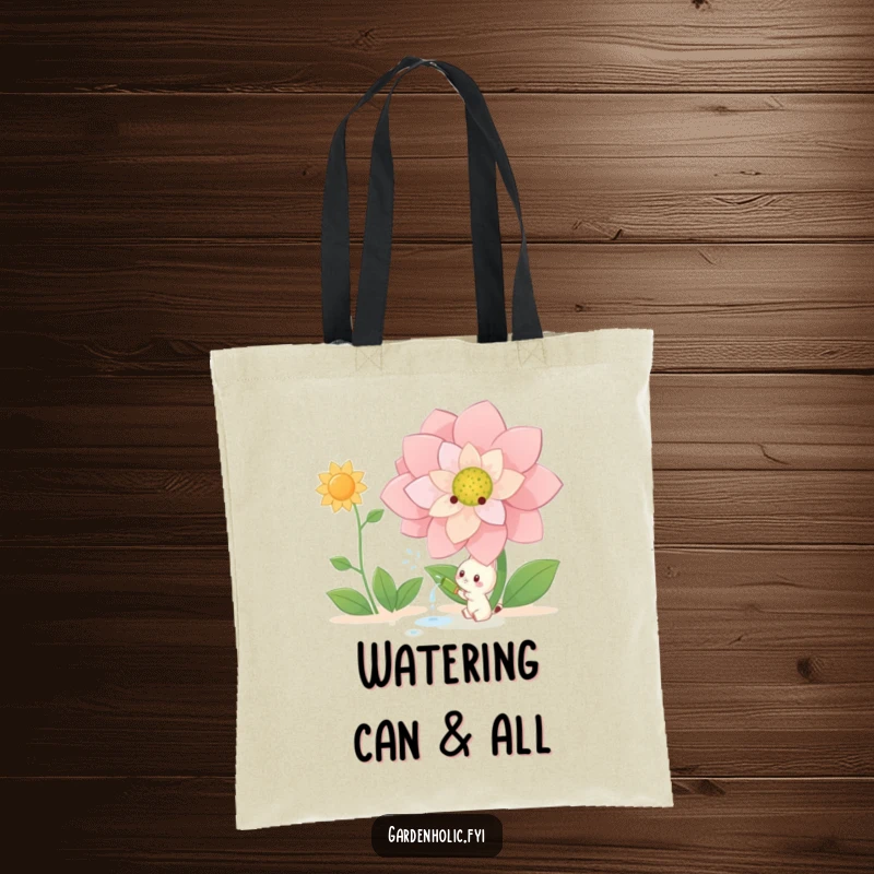 Funny Tote Bag: Small creature happily watering a giant blooming flower, a charming and practical accessory for gardeners, making a great funny gift.