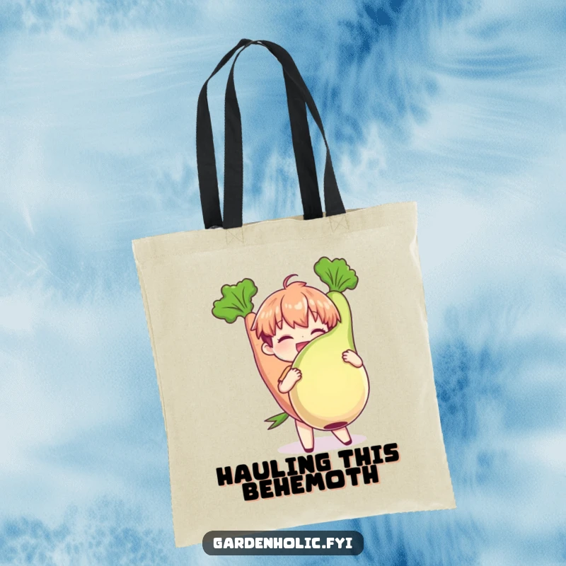 Funny Tote Bag: Character joyfully holding a plump, oversized vegetable, a practical and humorous accessory for gardeners and foodies, making a great funny gift.