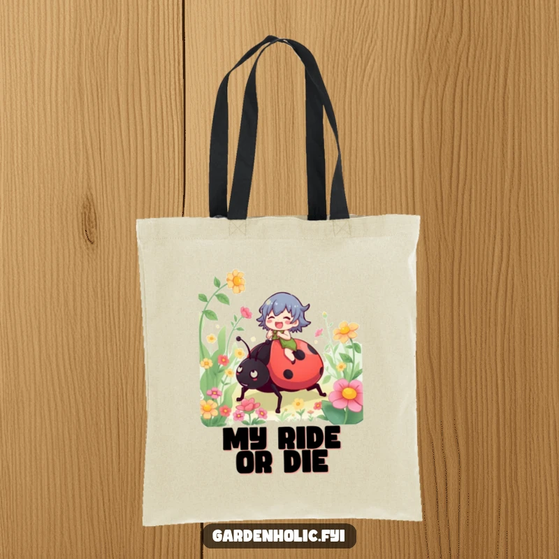 Funny tote bag featuring a gleeful character riding a large ladybug through a detailed garden scene, ready for errands.