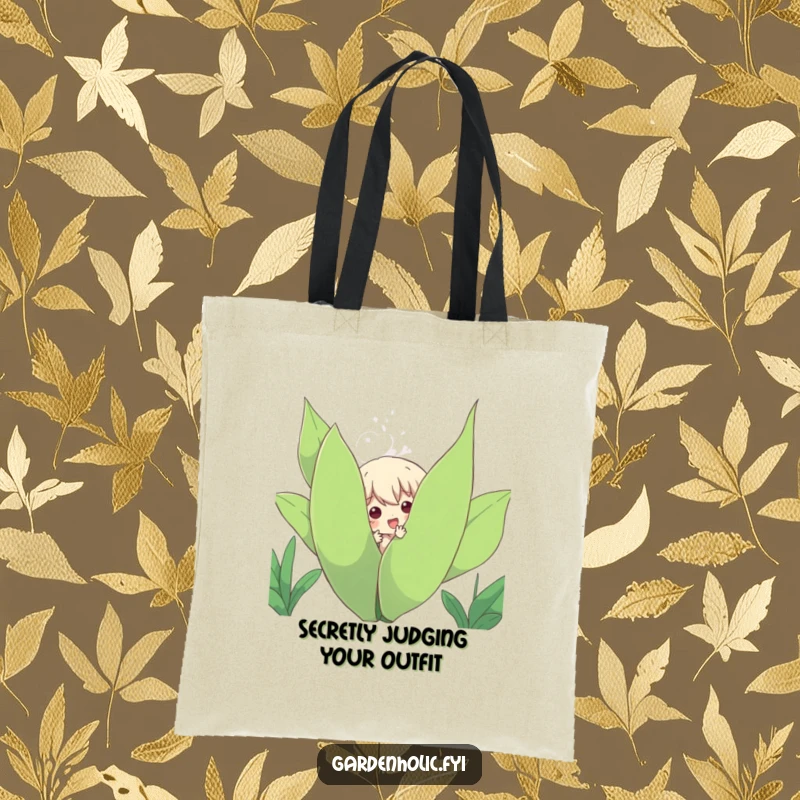 Funny Tote Bag: Character playfully peeking out from behind a large, leafy plant, ideal for stylish and humorous everyday carrying.